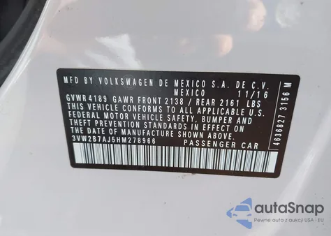 2017 Volkswagen Jetta 1.4T S from USA, damaged, VIN 3VW2B7AJ5HM278966